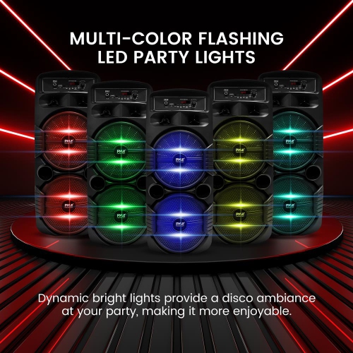 Dual 8’’ Bluetooth Portable PA Speaker - Portable PA & Karaoke Party Audio Speaker with Built-in Rechargeable Battery, Flashing Party Lights,