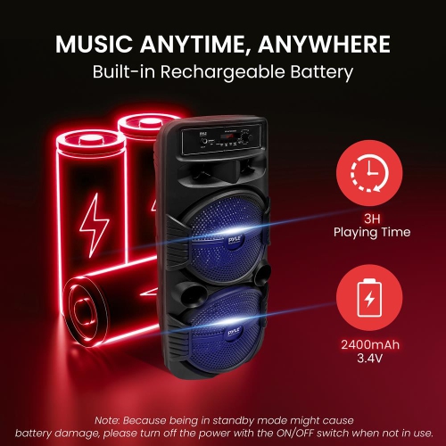 Dual 8’’ Bluetooth Portable PA Speaker - Portable PA & Karaoke Party Audio Speaker with Built-in Rechargeable Battery, Flashing Party Lights,