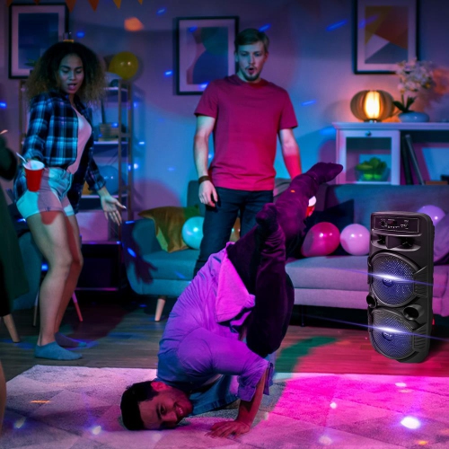 Dual 8’’ Bluetooth Portable PA Speaker - Portable PA & Karaoke Party Audio Speaker with Built-in Rechargeable Battery, Flashing Party Lights,