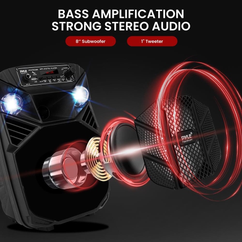 8’’ Bluetooth Portable PA Speaker - Portable PA & Karaoke Party Audio Speaker with Built-in Rechargeable Battery, Flashing Party Lights, MP3/USB/ /FM