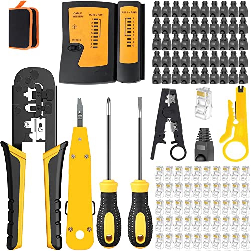 LEATBUY Cat6 Crimper RJ45 Crimp Tool Kit CAT5 Crimping Tool Set, 50PCS Connectors, 50PCS Covers, Network Cable Tester, Wire Punch Down Cutter