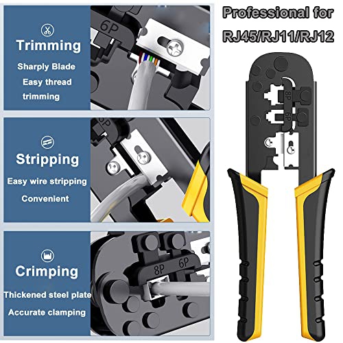 LEATBUY Cat6 Crimper RJ45 Crimp Tool Kit CAT5 Crimping Tool Set, 50PCS Connectors, 50PCS Covers, Network Cable Tester, Wire Punch Down Cutter