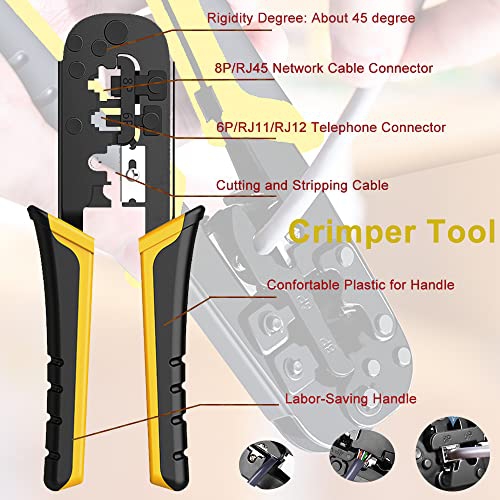 LEATBUY Cat6 Crimper RJ45 Crimp Tool Kit CAT5 Crimping Tool Set, 50PCS Connectors, 50PCS Covers, Network Cable Tester, Wire Punch Down Cutter