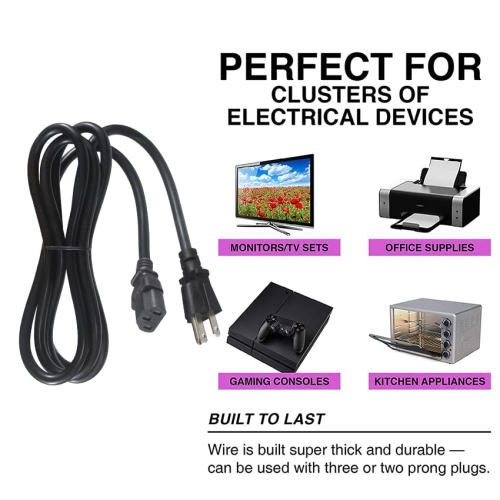 Monitor Power Cord Replacement 6ft PC Computer Power Supply Cord, NEMA 5-15P to IEC C13 Connector SJT 18AWG, Universal Laptop 3 Prong Power Cable,