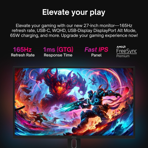 Pixio PX277 PRO 27" 165Hz WQHD 1440p Fast IPS Panel 1ms GTG USB Type-C Display Port and 65W Charging Adjustable Stand AMD FreeSync Premium Gaming