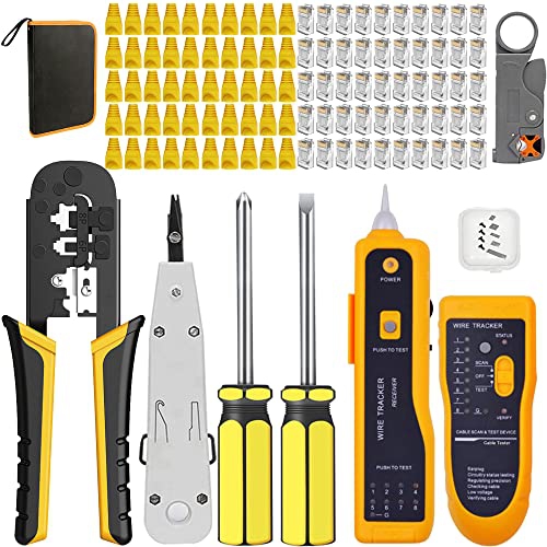 TAIWAIN CAT6 Network Crimp Tool Repair Set CAT5 Crimper with RJ45 Connectors for RJ11/RJ12, Network Crimping Wire Stripper Kit with 50PCS Covers,