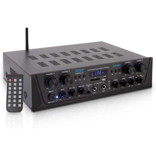 Pyle 500W Karaoke Wireless Bluetooth Amplifier - 4 Channel Stereo Audio Receiver with AUX IN, FM Radio, RCA Subwoofer Speaker OUT, USB, Microphone IN