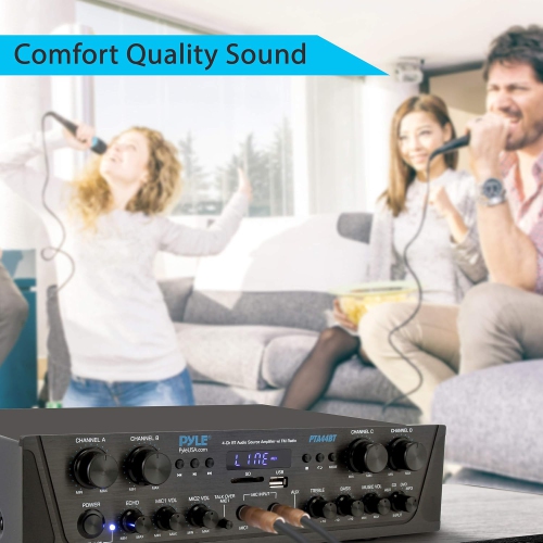 Pyle 500W Karaoke Wireless Bluetooth Amplifier - 4 Channel Stereo Audio Receiver with AUX IN, FM Radio, RCA Subwoofer Speaker OUT, USB, Microphone IN