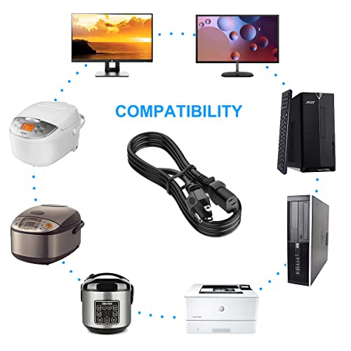 5FT Computer Monitor TV Replacement Power Cord, 18 AWG 3 Prong AC Power Cable for LG/ Samsung/ HP/ DELL/ BenQ/ Sony/ Asus TV, 10a 250v Power Cord