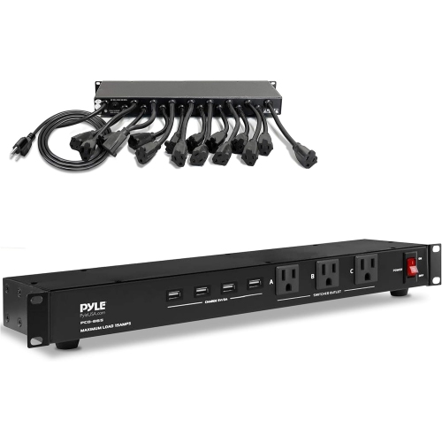 Pyle 19 Outlet 1U 19" Rackmount PDU Power Distribution Supply Center Conditioner Strip Unit Surge Protector 15 Amp Circuit Breaker 4 USB Multi Device