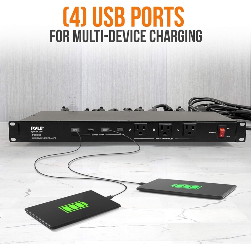 Pyle 19 Outlet 1U 19" Rackmount PDU Power Distribution Supply Center Conditioner Strip Unit Surge Protector 15 Amp Circuit Breaker 4 USB Multi Device