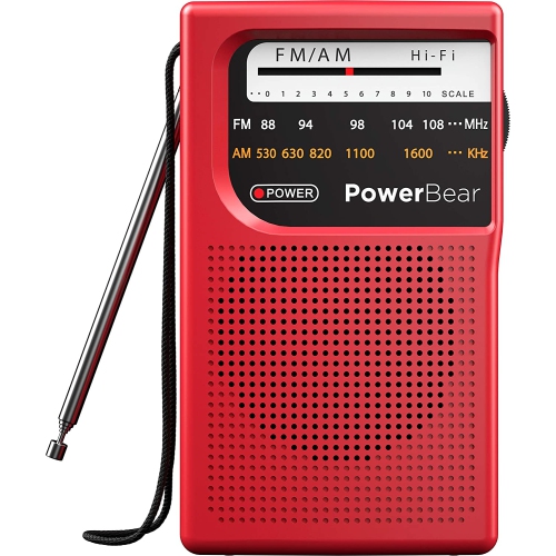 PowerBear Portable Radio | AM/FM, 2AA Battery Operated with Long Range Reception for Indoor, Outdoor & Emergency Use - Red