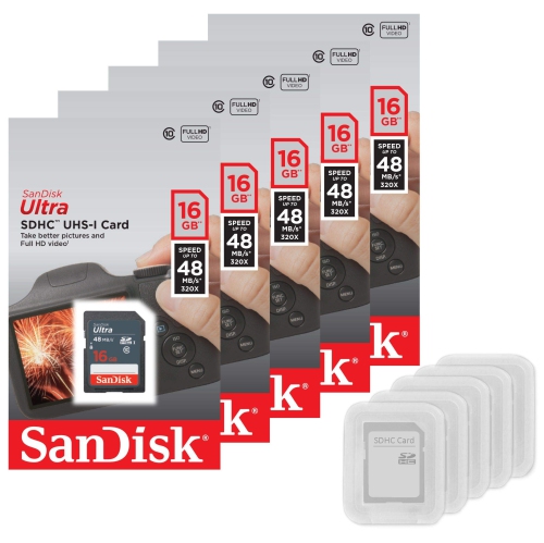 Paquet de 5 – Carte mémoire SD SDHC UHS-I classe 10 Ultra 16&nbsp;Go de SanDisk vitesse de lecture jusqu'à 48MB Mo/s 320X Go SDUNB-016G-GN3IN, lot en