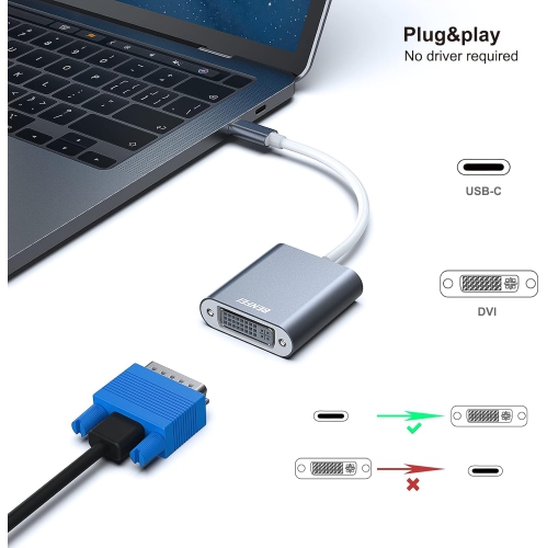 BENFEI USB-C to DVI Adapter, Thunderbolt 3/4 Compatible for iPhone 15, MacBook, iPad Pro, Grey