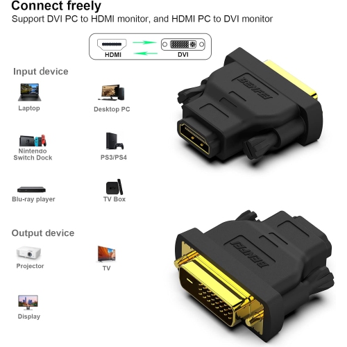 BENFEI DVI to HDMI Adapter, Bidirectional, 2 Pack, Gold-Plated, DVI-D to HDMI