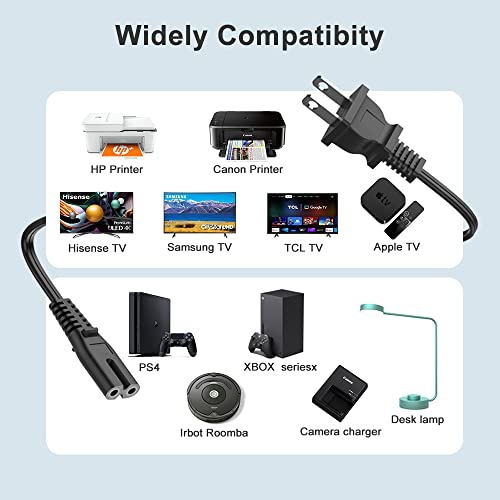 TV Power Cord for Samsung/ LG/ TCL/ Sony/ Hisense, The 2 Prong Cable Compatible with HP/ Canon Printer, PS4/ PS3/ Xbox One, Projector, Small Fridge,