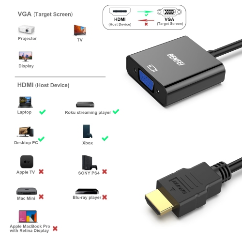 BENFEI – Adaptateur HDMI vers VGA, plaqué or, mâle vers femelle pour ordinateur, ordinateur portatif, moniteur, téléviseur