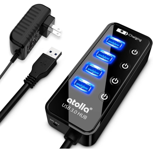 Powered USB Hub, 4-Port USB 3.0 Hub with 4 USB 3.0 Data Ports and 1 USB Smart Charging Port, USB Splitter with Individual On/Off Switches and 5V/3A