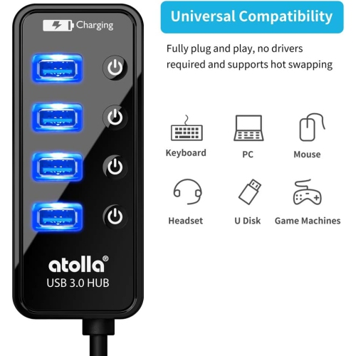 Powered USB Hub, 4-Port USB 3.0 Hub with 4 USB 3.0 Data Ports and 1 USB Smart Charging Port, USB Splitter with Individual On/Off Switches and 5V/3A