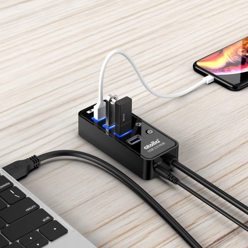 Powered USB Hub, 4-Port USB 3.0 Hub with 4 USB 3.0 Data Ports and 1 USB Smart Charging Port, USB Splitter with Individual On/Off Switches and 5V/3A
