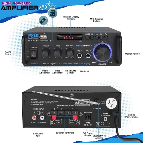 Amplificateur de puissance stéréo sans fil BT - amplificateur compact et audio pour diffusion en continu série bleue avec borniers RCA et