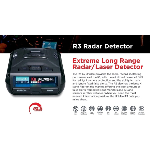 Détecteur de radar R3 d'Uniden – Détection laser longue portée, GPS intégré, affichage OLED, alertes vocales, avertissements de caméra de vitesse et