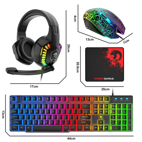 Ensemble clavier et souris de jeu avec fil, clavier avec fil rétroéclairé DEL arc-en-ciel, casque d'écoute avec microphone