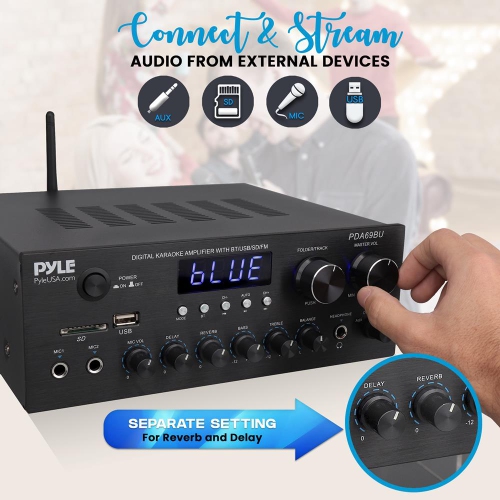 Stereo Amplifier Audio Receiver Sound System with Bluetooth Wireless Streaming, MP3/USB/SD/AUX/FM Radio