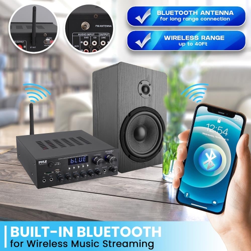 Stereo Amplifier Audio Receiver Sound System with Bluetooth Wireless Streaming, MP3/USB/SD/AUX/FM Radio