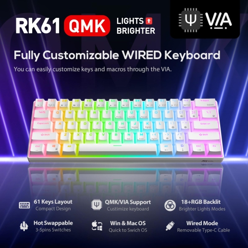 RK ROYAL KLUDGE RK61 Wired 60% Mechanical Gaming Keyboard Programmable QMK/VIA RGB Backlit 61 Keys