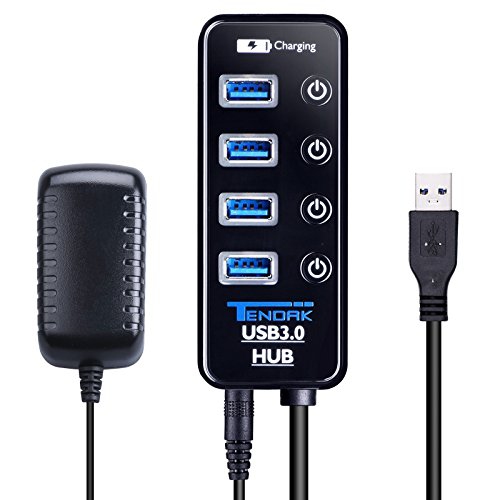 TENDAK  USB 3.0 Hub, USB Hub w 4 USB 3.0 Data Ports + 1 USB Smart Charging Port And Power Supply Adapter w Individual On/off Port Switches for Ps4