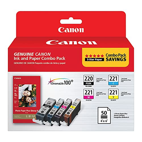 Image 1 of 4.. PGI-220/CLI-221 ChromaLife 100+ Black/Color Ink Cartridges and PP-201 Photo Paper, Combo Pack of 4 Cartridges and 50 Sheets