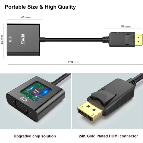 DisplayPort to VGA, Benfei Gold-Plated DP to VGA Adapter Compatible for Lenovo, Dell, HP, ASUS