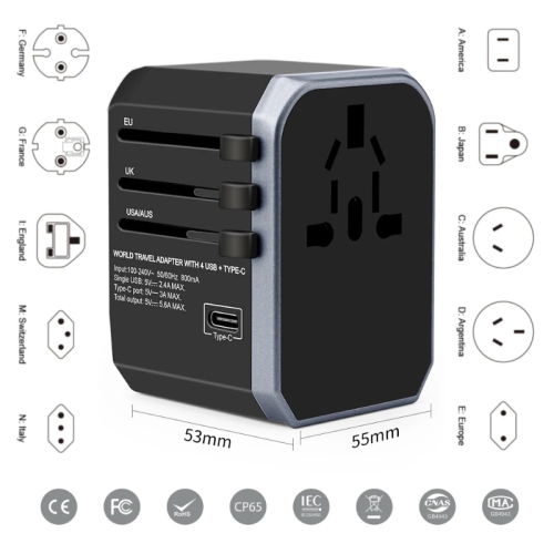 TUTT Travel Essentials | Adaptateur universel de voyage 180 pays + Kit international Adaptateur 4 USB+type-C US UK eu Australie