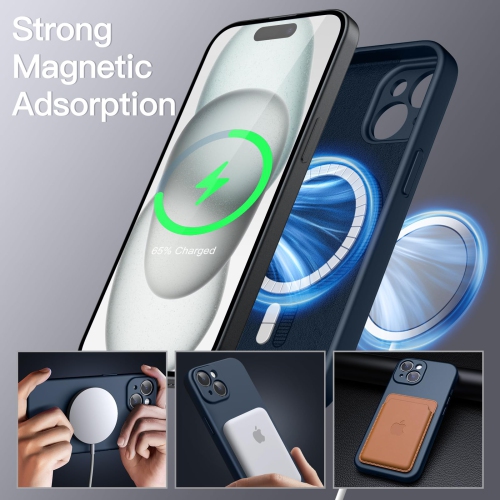 Étui magnétique en silicone pour iPhone 15 plus 6,7 po, compatible avec MagSafe, étui de téléphone avec objectif de caméra protection complète