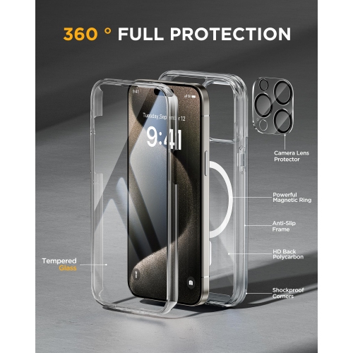 Magnetic for iPhone 15 Pro Max Case 6.7'', Compatible with Magsafe Full-Body Bumper Phone Case Cover with Built-in 9H Tempered Glass Screen