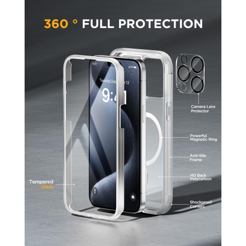 Magnetic for iPhone 15 Pro Max Case 6.7'', Compatible with Magsafe Full-Body Bumper Phone Case Cover with Built-in 9H Tempered Glass Screen
