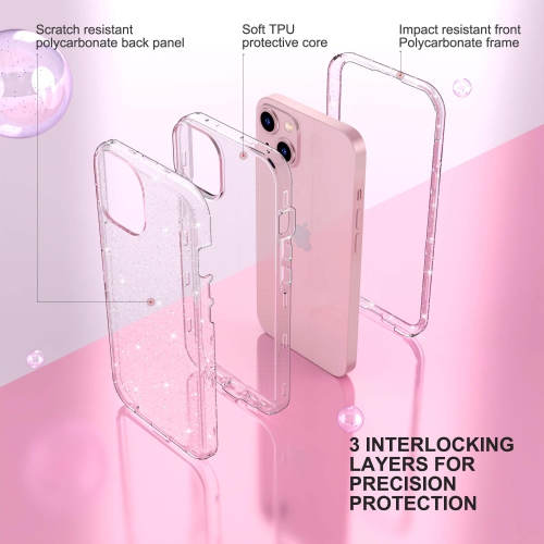 iPhone – Étui rigide 15 plus scintillant, robuste hybride 3-en-1 robuste antichoc pour femmes, étui protecteur brillant pour filles, compatible avec