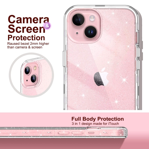 iPhone – Étui rigide 15 plus scintillant, robuste hybride 3-en-1 robuste antichoc pour femmes, étui protecteur brillant pour filles, compatible avec