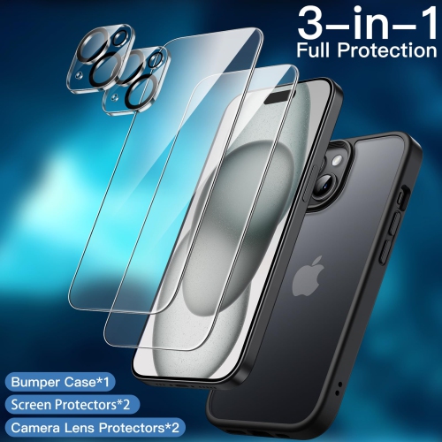5 in 1 Matte Case for iPhone 15 Plus 6.7-Inch with 2-Pack Each Tempered Glass Screen Protector and Camera Lens Protector, Translucent Back Shockproof