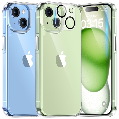 Image 1 of 6.. 5-in-1 for iPhone 15 Case Clear, Not Yellowing with 2X Screen Protectors + 2X Camera Lens Protectors, Military Grade Drop Protection Shockproof Slim