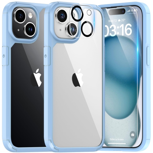 Étui 5-en-1 pour iPhone 15 ne jaunit pas avec 2X protecteurs d'écran + 2X protecteurs d'objectif d'appareil photo, étui mince antichoc de qualité