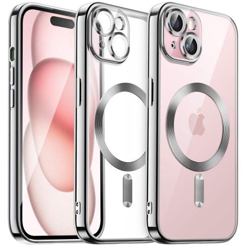 Image 1 de 6.. Étui électroplaqué pour iPhone 15 plus 6,7 po, objectif protection complète, compatible avec chargement sans fil MagSafe, étui souple en TPUR