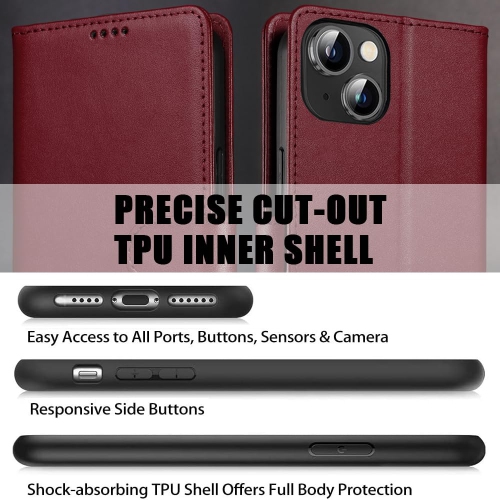 Étui portefeuille iPhone 15 plus en cuir véritable anti-vol RFID béquille fermoir magnétique solide fentes carte crédit protection iPhone 15 plus