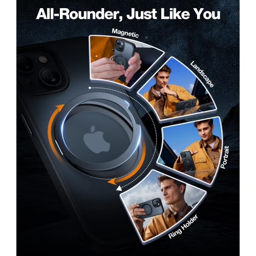 360° Rotatable Ring for iPhone 15 Case with Stand, Compatible with MagSafe, Military Grade Drop Protection, Magnetic Case for iPhone 15 6.1", Black