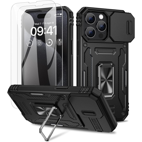 Étui pour iPhone 15 plus, protecteur 2, dureté 9H et couvercle de caméra avec anneau rotatif 360° et étui de téléphone magnétique pour iPhone 15 Pro