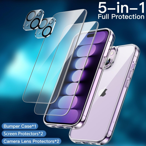 5 in 1 Case for iPhone 15 Plus 6.7-Inch with 2-Pack Each Tempered Glass Screen Protector and Camera Lens Protector, Non-Yellowing Shockproof Bumper