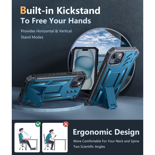 for iPhone 15 Plus Case: Military Grade Rugged Cell Phone Cover with Kickstand | Shockproof TPU Protection Bumper Matte Textured Design for iPhone 15