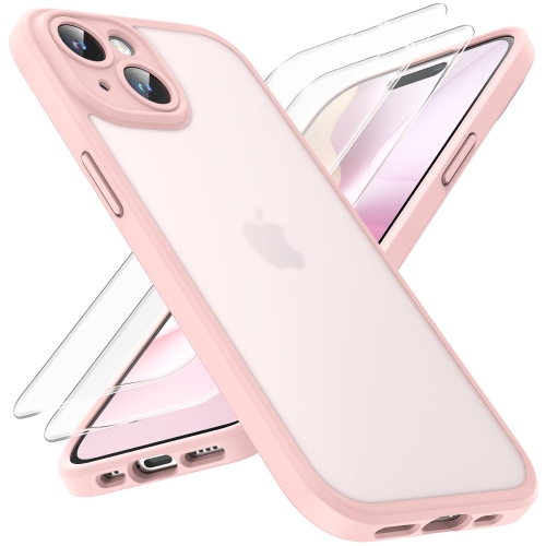 HLD for Iphone 15 Case With 2 Pack Screen Protector, Upgraded Full Camera Protection Shockproof Protection Translucent Matte Hard Back for Iphone 15 Phone Case 6.1 Inch, Light Pink