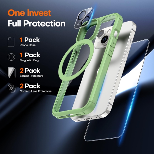 for iPhone 15 Plus Case, 5 in 1 1X Clear Case Not-Yellowing with 2X Tempered Glass Screen Protector + 2X Camera Lens Protector, Militarized Drop